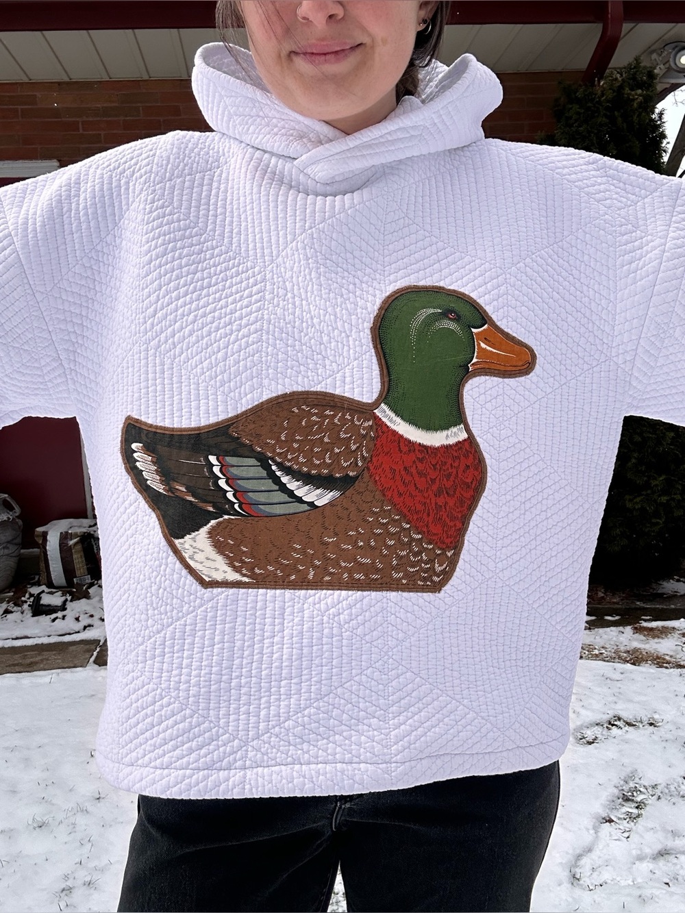 Upcycled Quilted Hoodie with Duck Appliqué